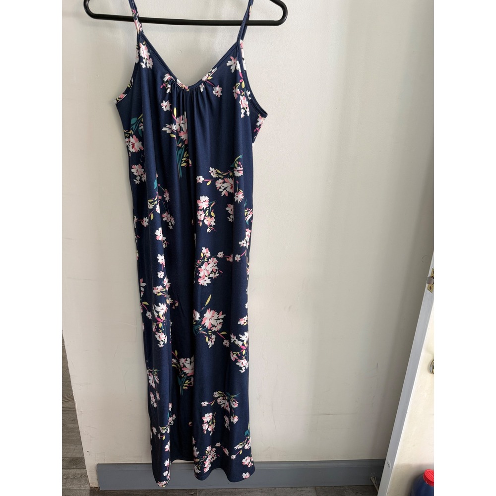 Navy Blue Floral Wide Leg Jumpsuit Sleeveless V-Neck Spaghetti Strap Pockets M